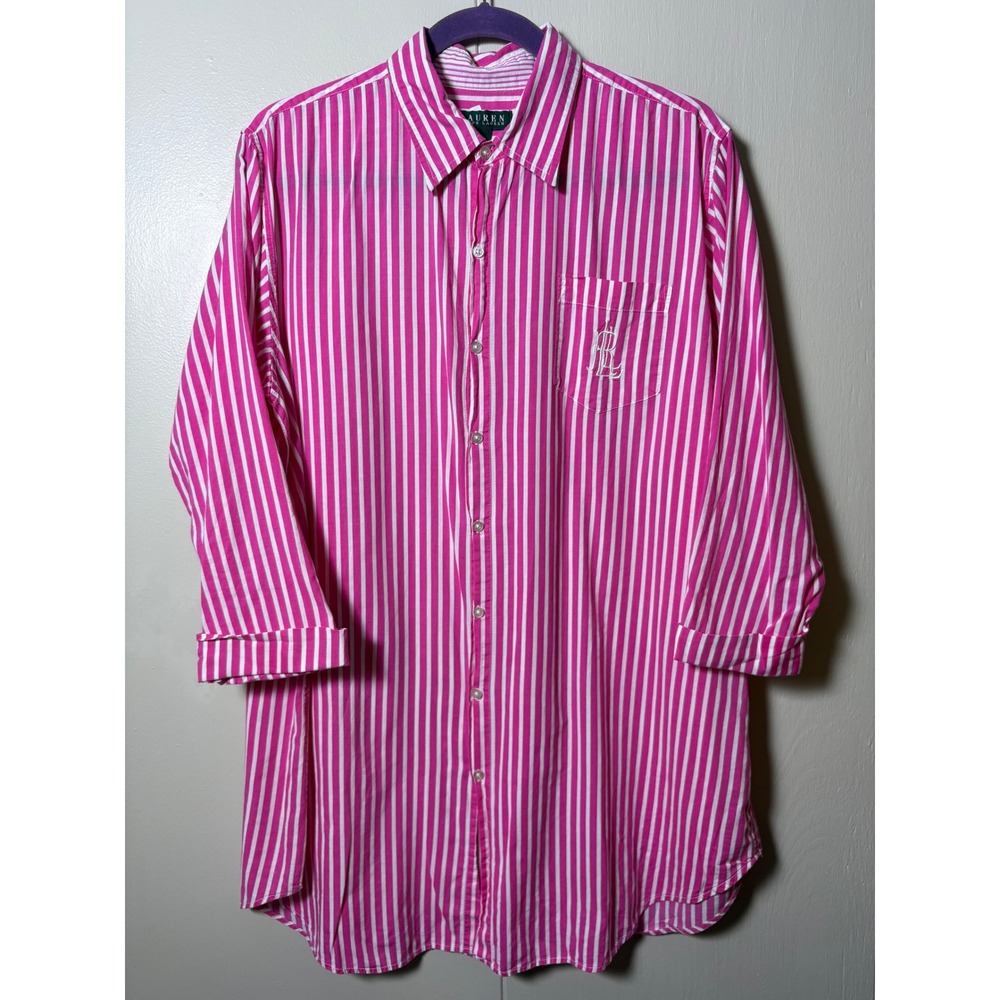 Lauren Ralph Lauren Pink White Striped SleepShirt Dress Prepoy Lounge Logo